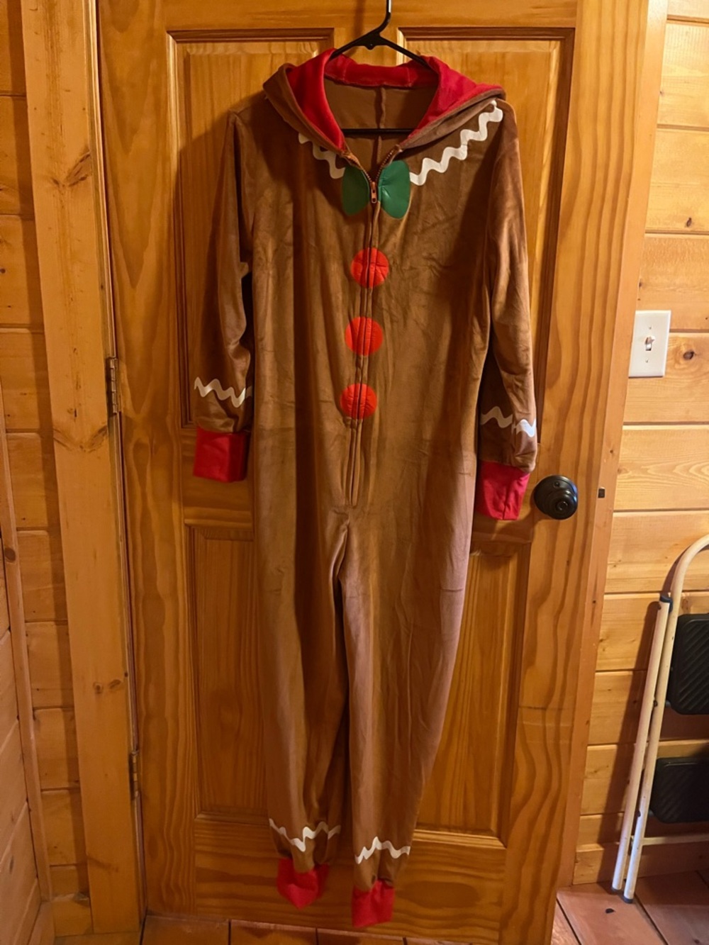 Brown Gingerbread Costume Onesie with Red Accents